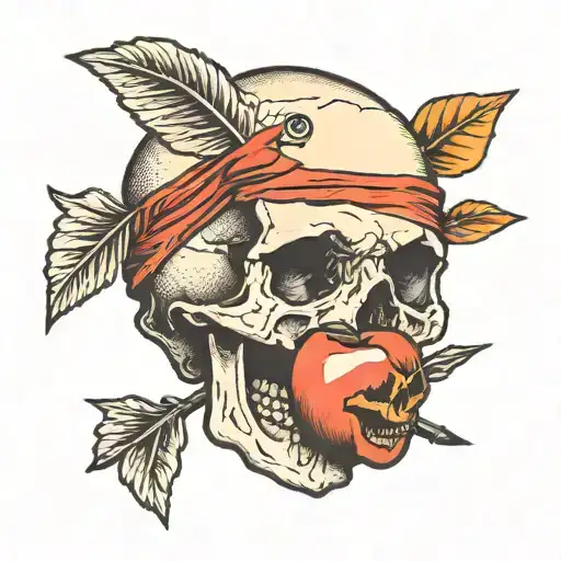blindfolded skull with an apple on top of skull, arrow protruding from skull's forehead tattoo design idea