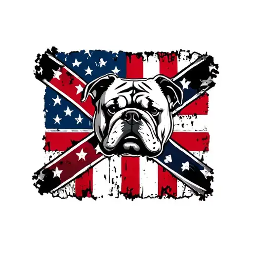 small confederate flag square with bulldog face in center with distressed american flag behind in black and white tattoo design idea