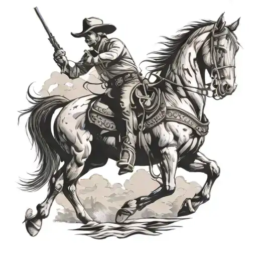 cowboy riding horse with western background and birds tattoo design idea