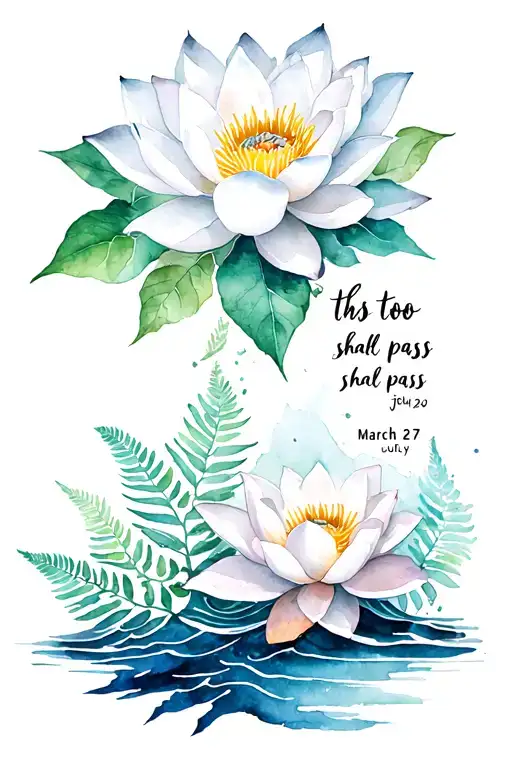 this too shall pass inscribed, white lotus flower, waves, fern, cigar, march 27, July 20 tattoo design idea