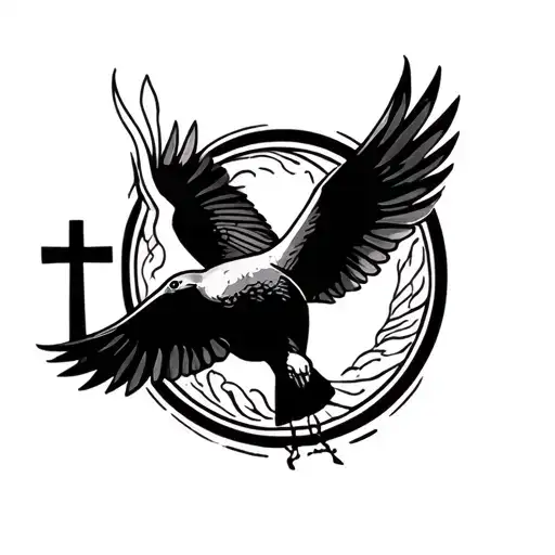 A tattoo representing mourning with a dove that flies away, also with a cross while remaining minimalist tattoo design idea