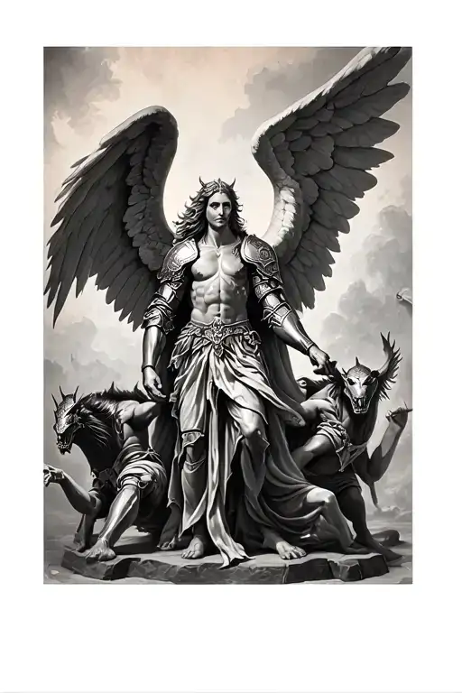 angel wearing armor battling demons tattoo design idea