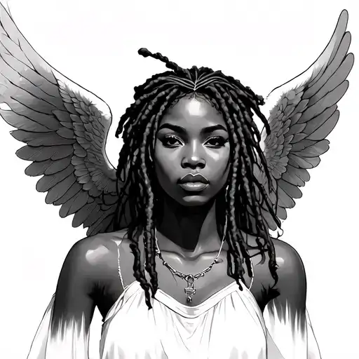 black female angel with dreads tattoo design idea