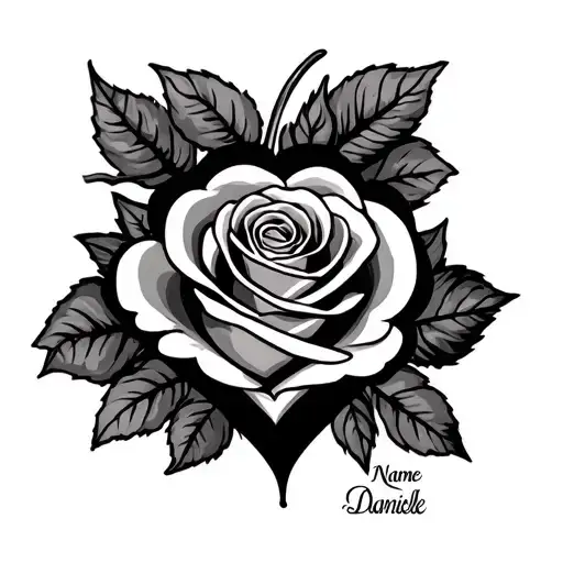 name Danielle with rose and heart  tattoo design idea