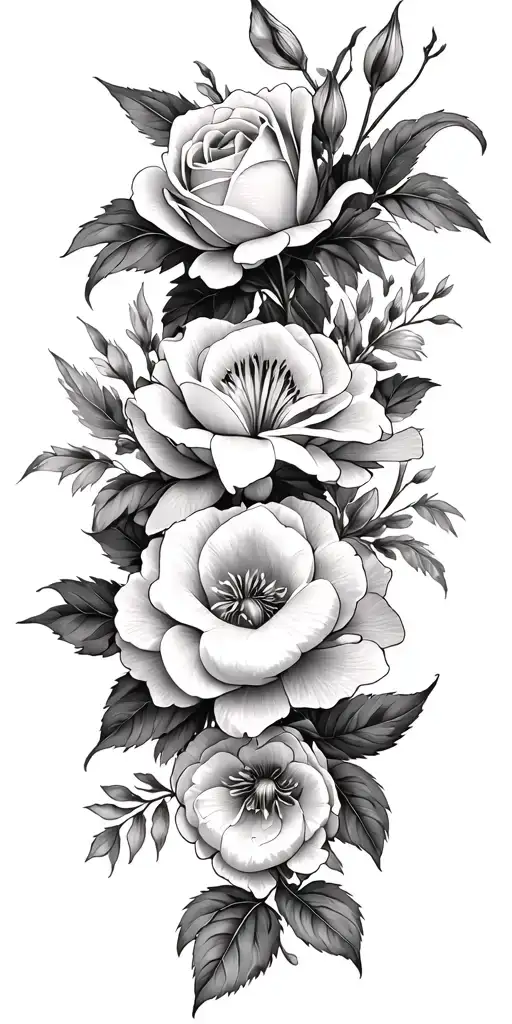 roses, peonies, and lilys tattoo design idea