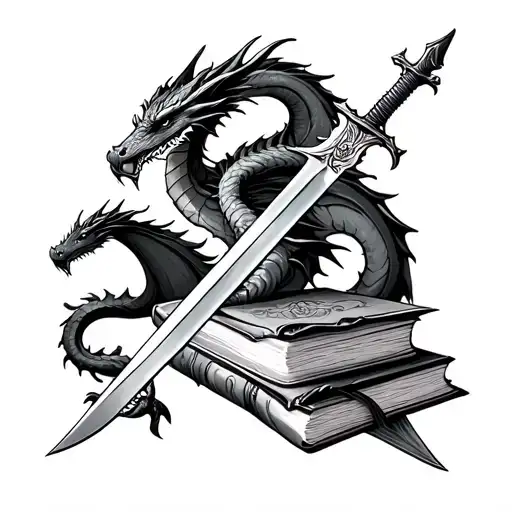 dragons and swords and books forming the shape tattoo design idea