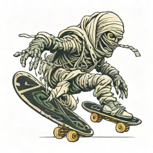 mummy wrapped in 100 dollar bills doing a kick flip on a skateboard tattoo design idea