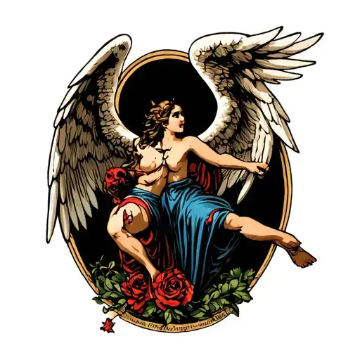 i want an angel fightings a demon and addictions, in sailor jerry style for back piece tattoo design idea