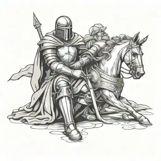 A knight in shining armor kneeling before Jesus in a sacred setting tattoo design idea
