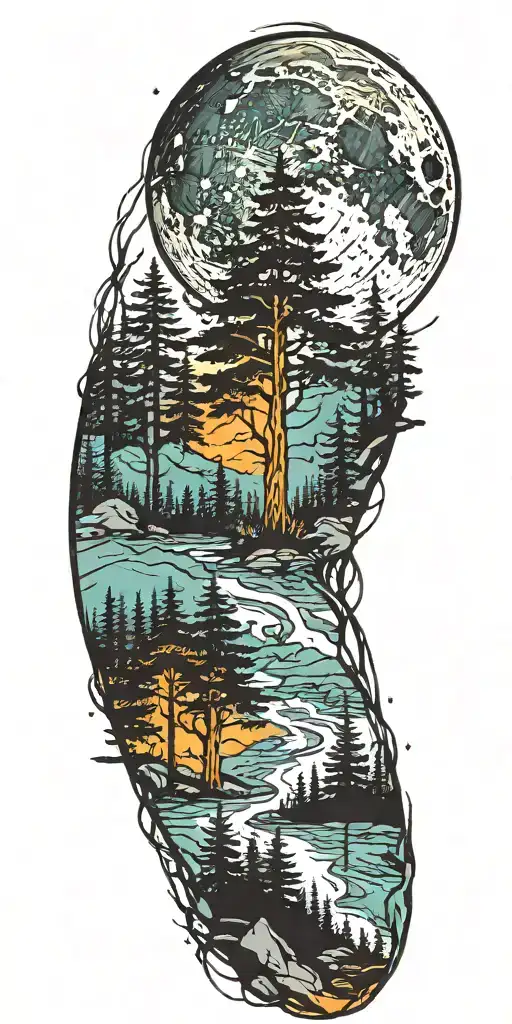 massive forest landscape with huge moon in the background  tattoo design idea