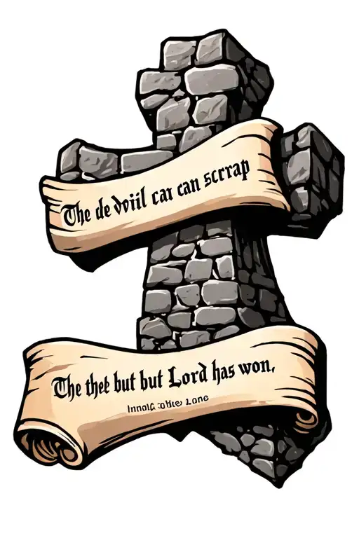 cobblestone cross with writing "the devil can scrap but the Lord has won" in old font on a scroll. with a bowling lane tattoo design idea