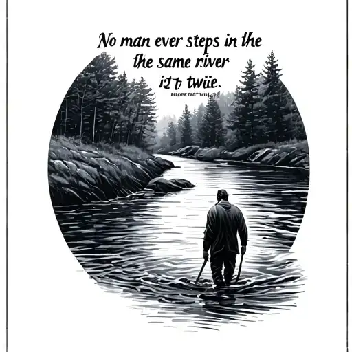 A picture with a man walking through a river and a quote that says. No man ever steps in the same river twice, for it's  tattoo design idea