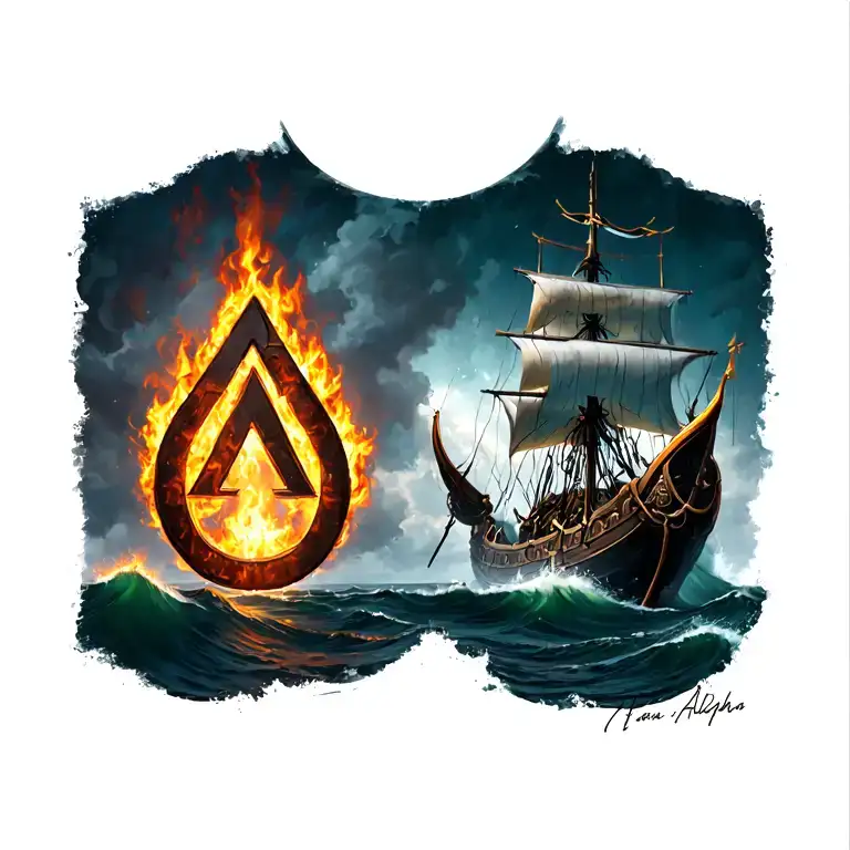 Right: Viking ship heading head-on, stormy sea. Left: Alpha sign from fire across the left chest. tattoo design idea