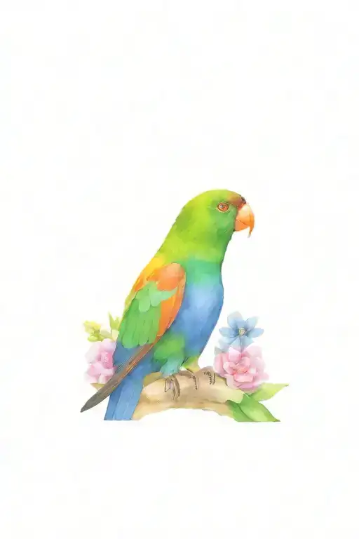 rainbow lorikeet standing on top of skull with flowers tattoo design idea
