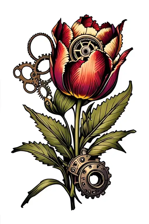 A forearm tattoo of a steampunk tulip, featuring gears and robotics and other steampunk bits tattoo design idea