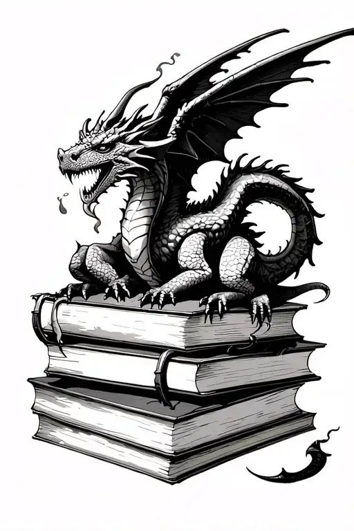 winged dragon curled up on top of a pile of books with smoke coming out of its nostrils fine line tattoo. tattoo design idea