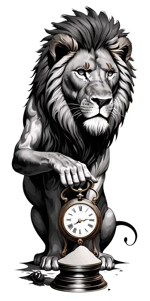 lion with hand holding sand clock tattoo design idea