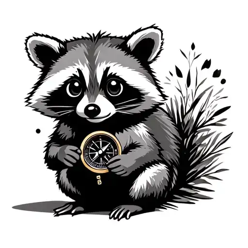 cute racoon sitting holding a compass tattoo design idea