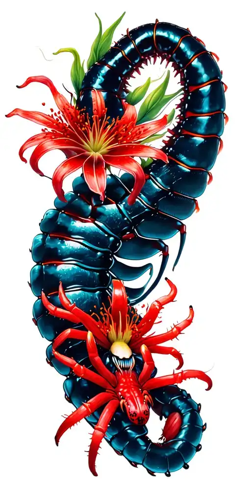 tokyo ghoul centipede with red spider lilly flowers tattoo design idea