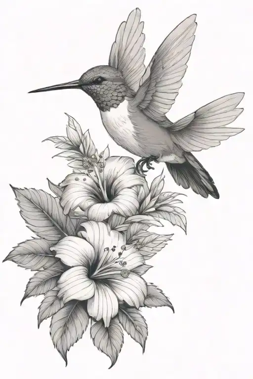 hummingbird with hibiscus and tropical leaves tattoo design idea