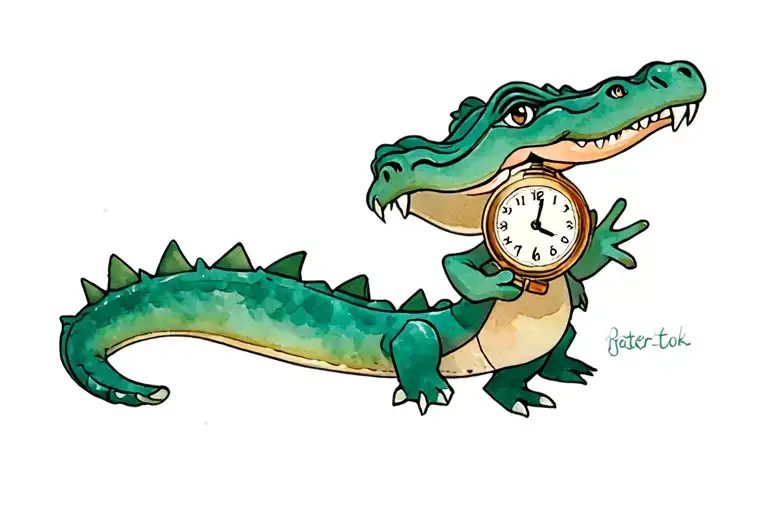 full boday cocodrile from neverland peter pan with small clock in his mouth , simple desing tattoo design idea