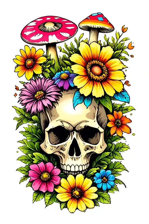 flowers, mushrooms, garden tools, skull, rainbow tattoo design idea