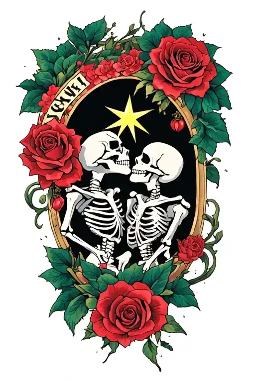 the word 'Tonz' 2 skeletons kissing and Star transforming into a rose tattoo design idea