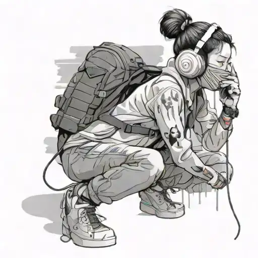 full body small asian girl spray painting on wall  wearing head phones, respiratory mask and back pack tattoo design idea