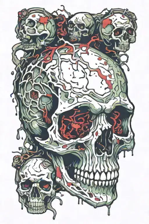 Decrepit Cracked Bloody Skull missing jawbone, Trippy Psychedelic Toxic Rotten Mushrooms melting downwards. bloody. tattoo design idea
