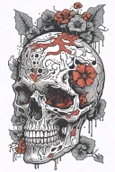 Decrepit Cracked Bloody Skull missing jawbone, Trippy Psychedelic Toxic Rotten Mushrooms melting downwards. bloody. tattoo design idea