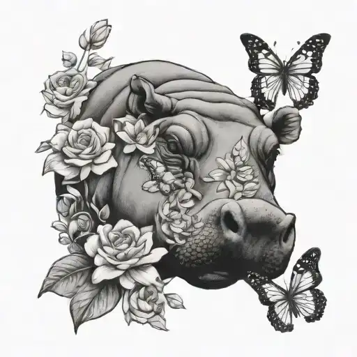 hippo, butterfly, flowers tattoo design idea