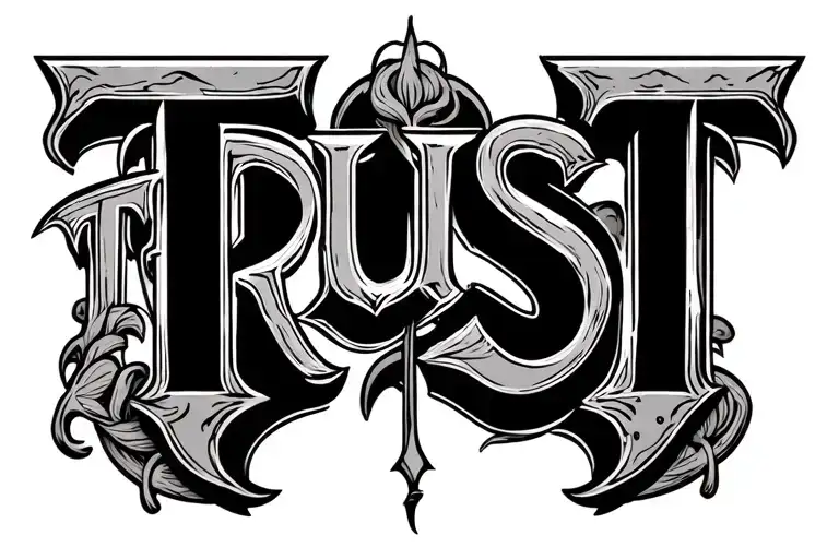 The word "Trust" in fligrane cirved font typical tattoo style with decorative elements and shadows  tattoo design idea