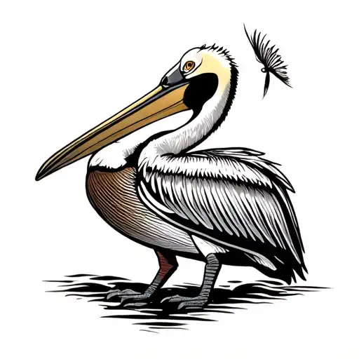 Pelican standing on a fly reel tattoo design idea