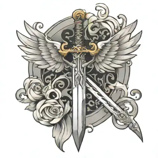 medival sword with angelic wings spread wide tattoo design idea