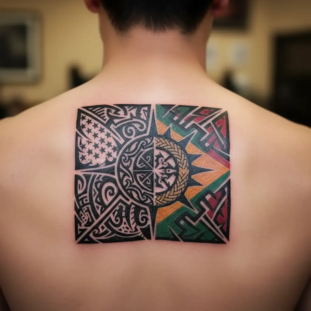 a clean, abstract blend of the Brazil, China, Peru, and USA flags, with each represented equally  tattoo design idea