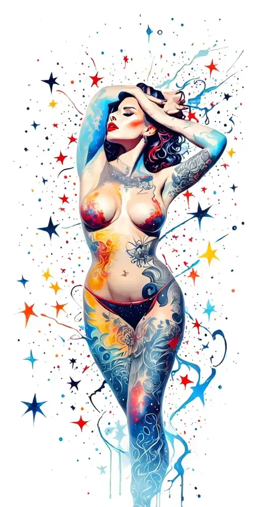 slutty sexy stars swooshing line galaxy  storm, intertwined around sensual woman silhouette, big boobs, tattoos  tattoo design idea