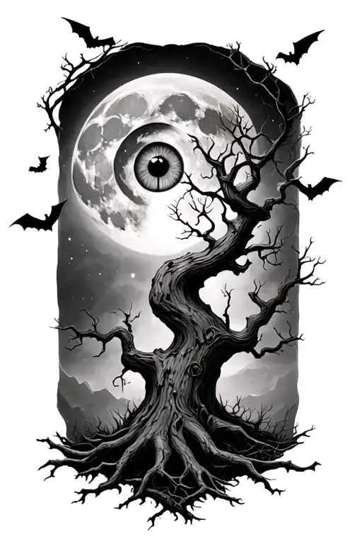 a poison tree with a moon above with an eye in the moon and a couple of bats flying around tattoo design idea