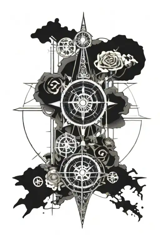 compass, hunting, and off shore fishing, roses blooming tattoo design idea