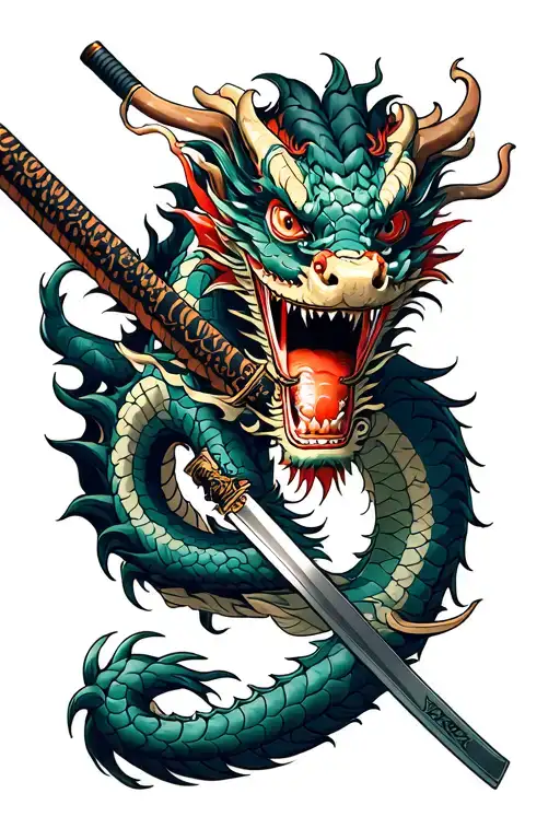 dragon wrapped around katana with omni mask tattoo design idea