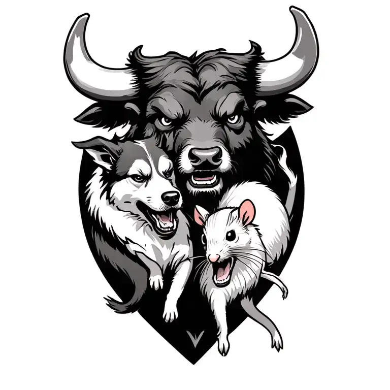 Angry ox protecting a dog and a rat holding tattoo design idea