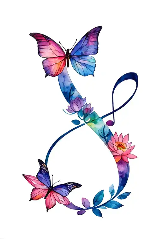 infinity sign made up of music notes from the song how to save a life by the fray. include butterflies, lotus flowers tattoo design idea