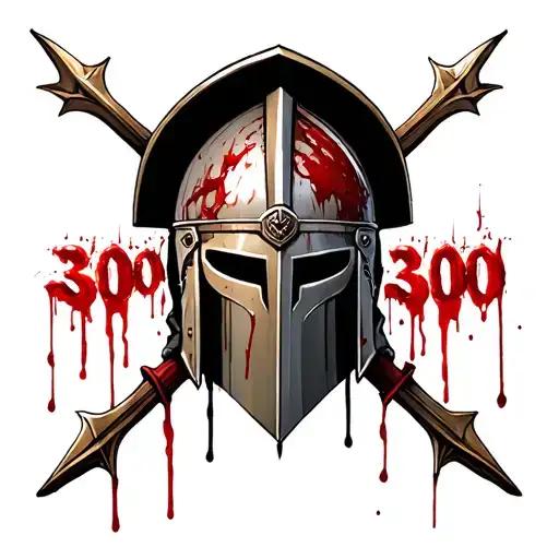 bloody spartan helmet with 2 spears crossed and bloody 300 number bellow tattoo design idea