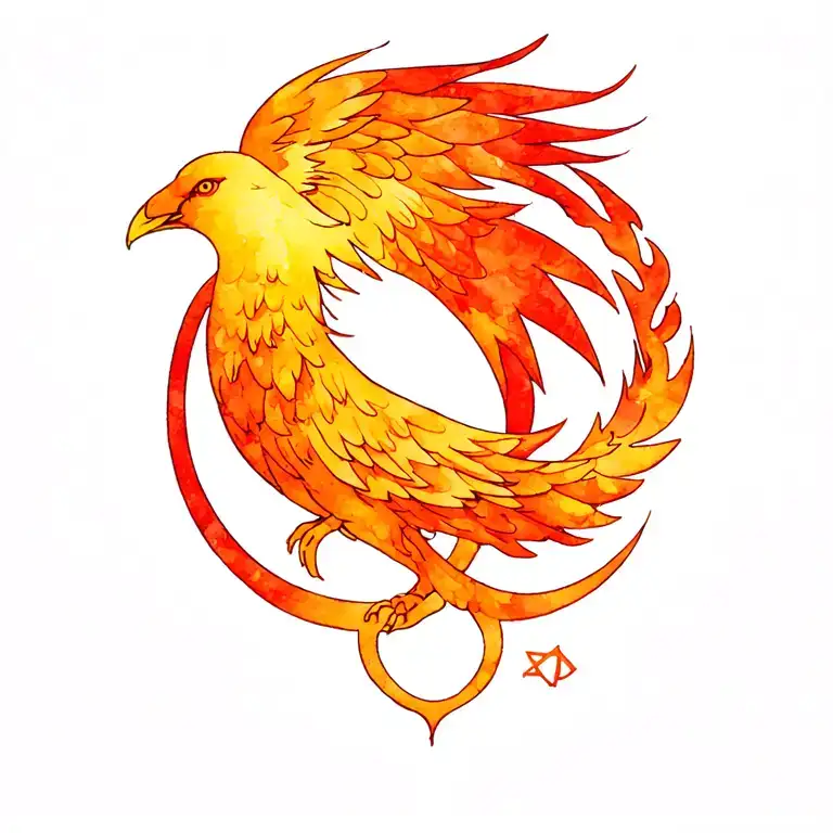 infinity with a phoenix with burning runes on its tail. color by scorpio tattoo design idea