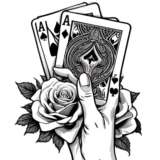 someone holding poker cards add roses in background tattoo design idea