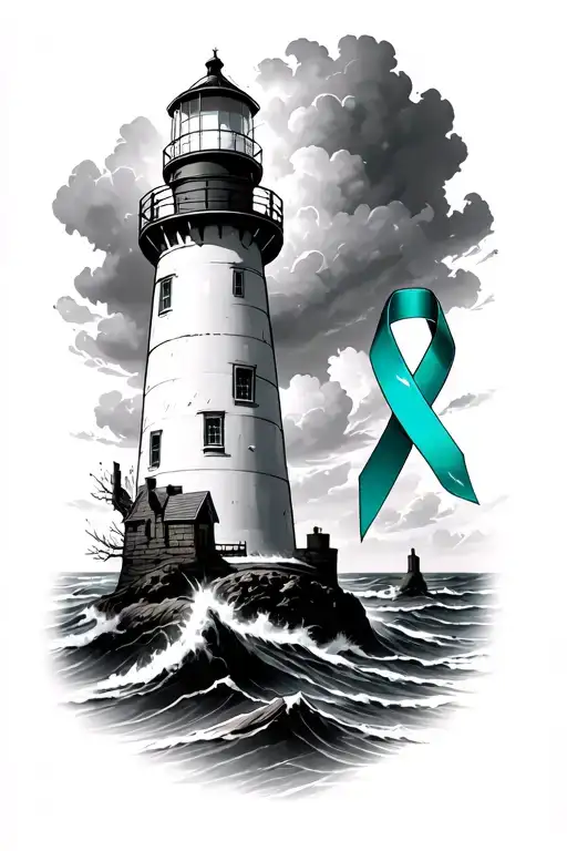 Lighthouse in the storm with a ovarian cancer awareness ribbon the Lighthouse  tattoo design idea