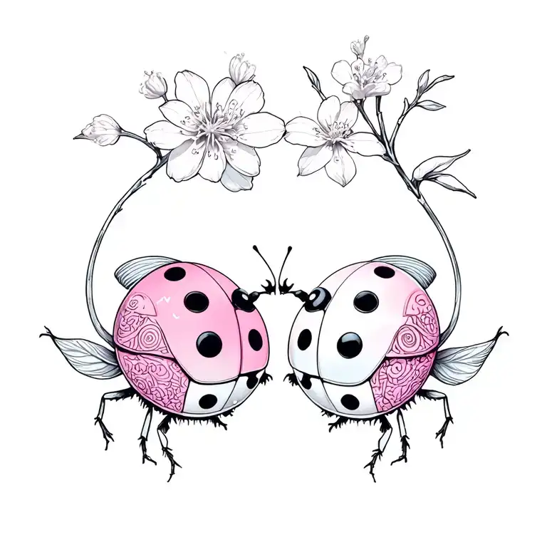 "M VII T XIV" sakura flower, astrological sign of Pisces, 2 ladybugs face to face kissing each other tattoo design idea