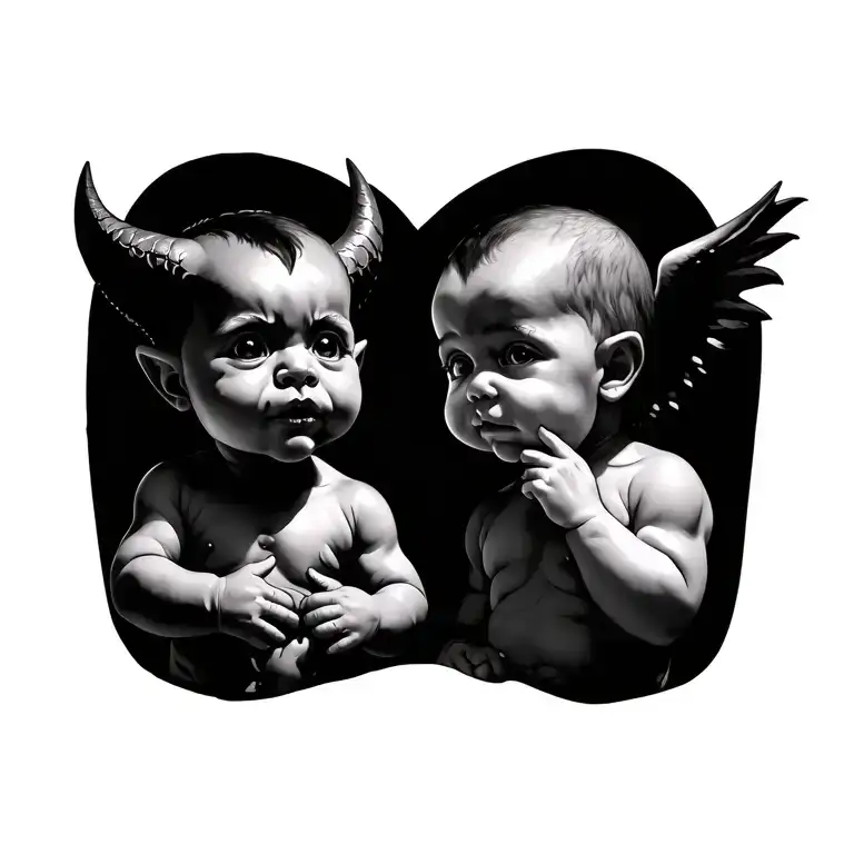 demon baby and angle baby left and right facing inwards on chest kinda real but more cartoony  tattoo design idea