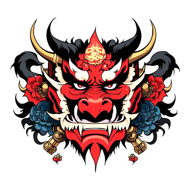 oni demon mask with sword piercing tattoo design idea