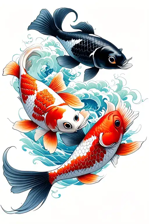 3 koi fish, one black, one blue, and one red one, in Japanese style waves tattoo design idea