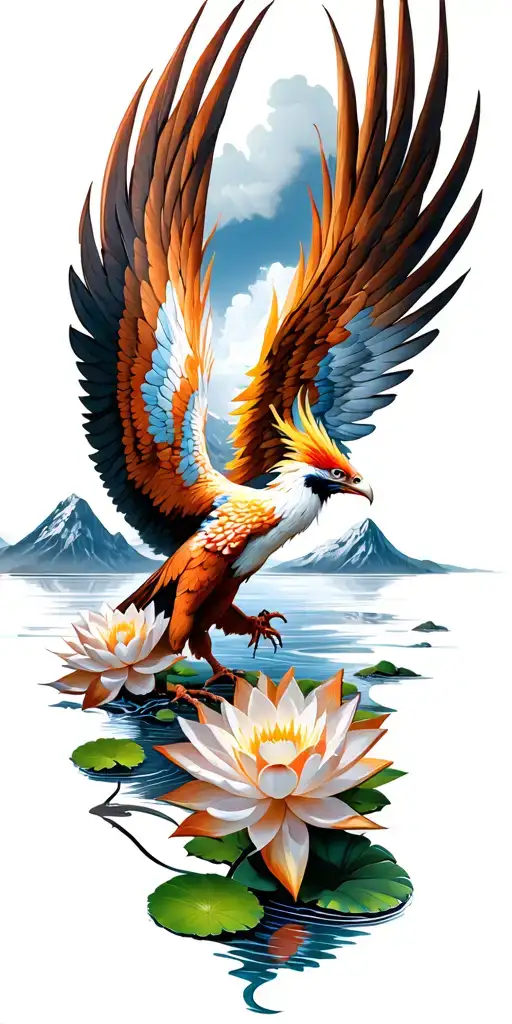 phoenix rising with wings spread with a mountain and river background and lotus flowers on the river bed tattoo design idea